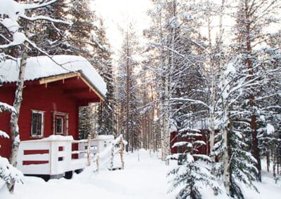 les chalets individuels de notre camp à Älgbäck en Laponie suédoise sont installés en pleine forêt