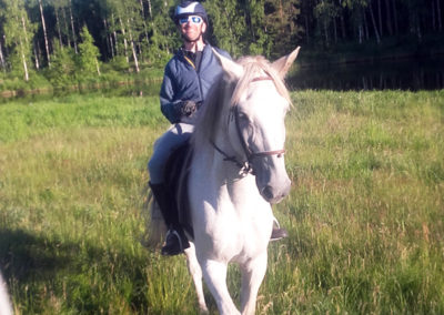 Rémy Coste monte son cheval nommé Amor, dans une lisière de la forêt lapone